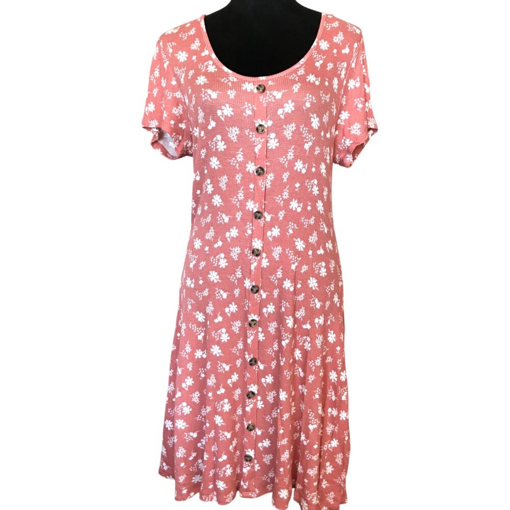 Floral Print Waffle Knit Dress Decorative Buttons Scoop Neck SO Coral Size L